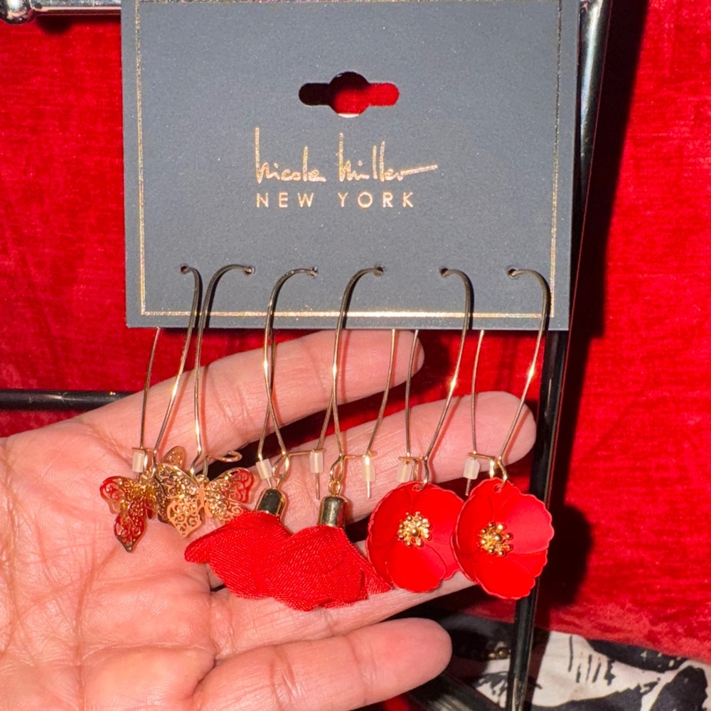 3 pairs Nicole Miller Red and Gold Floral Earrings